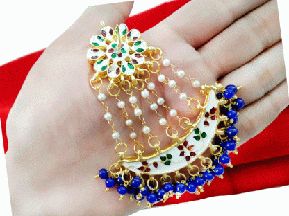 KE1J Daphne Handmade Kundan Bollywood Party wear Ink Blue Pearls Hanging Earring For Women-back view