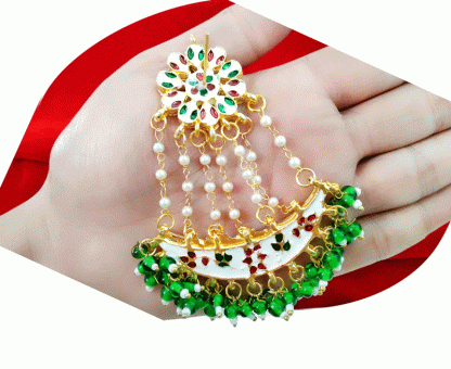 KE1L Daphne Handmade Kundan Bollywood Party wear Grass Green Pearls Hanging Earring For Women-back view