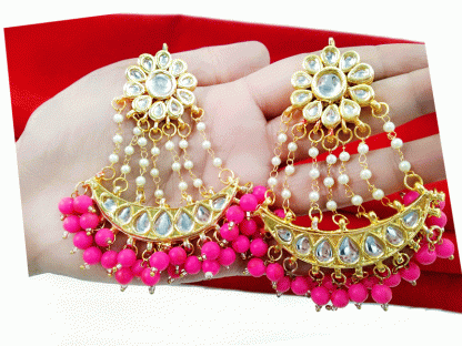 KE1P Daphne Handmade Kundan Bollywood Party wear Pink Pearls Hanging Earring For Women