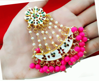 KE1P Daphne Handmade Kundan Bollywood Party wear Pink Pearls Hanging Earring For Women-back view