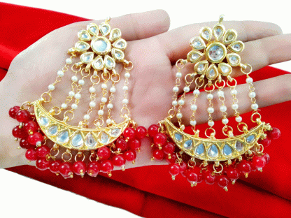 KE1X Daphne Handmade Kundan Bollywood Party wear Blood Red Pearls Hanging Earring For Women