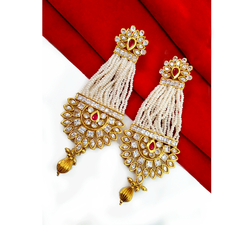 KE96 Classic White Pearls Kundan Jhumar Style Earring For Mothers Day-full view