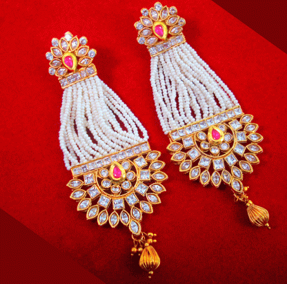 KE96 Classic White Pearls Kundan Jhumar Style Earring For Mothers Day Front View