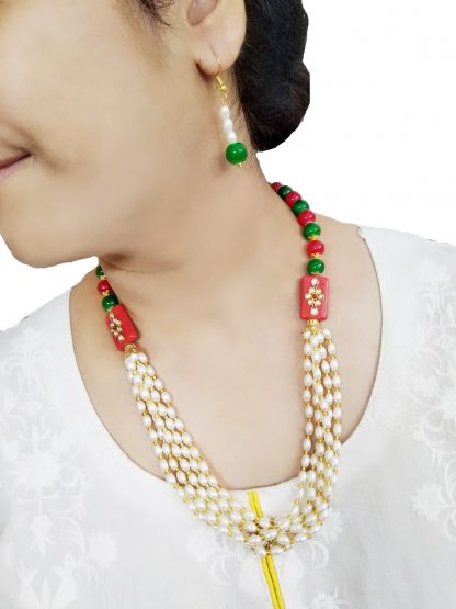 NA13 Daphne Green and red White Pearls Multi Strands Necklace For Women