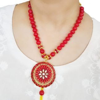 NA17 Daphne Traditional Stylish Single Layer Golden Red Colour Beads Necklace
