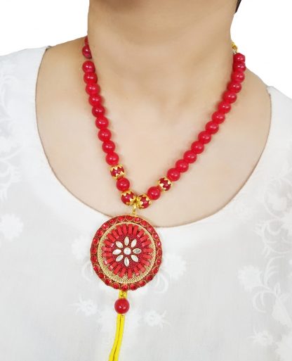 NA17 Daphne Traditional Stylish Single Layer Golden Red Colour Beads Necklace
