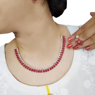 NA18 Classic Zircon Ruby Stone Studded Necklace With Earring For Women