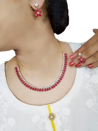 NA18 Classic Zircon Ruby Stone Studded Necklace With Earring For Women
