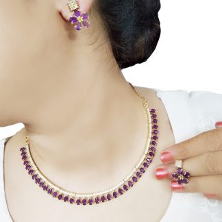 NA21 Classic Zircon Purple Studded Necklace With Earring For Women
