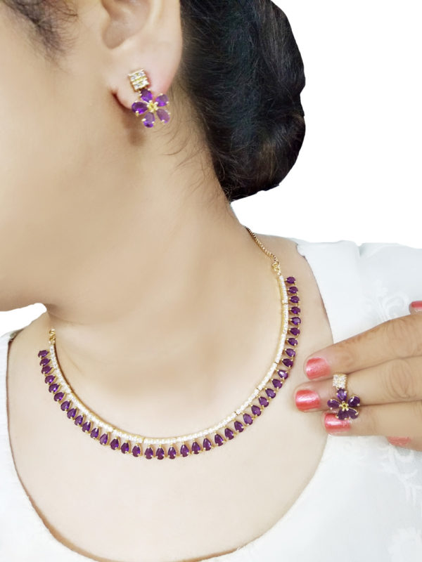 NA21 Classic Zircon Purple Studded Necklace With Earring For Women