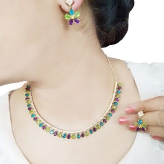NA22 Classic Zircon Multi Colour Studded Necklace With Earring For Women