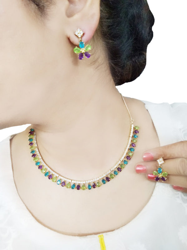 NA22 Classic Zircon Multi Colour Studded Necklace With Earring For Women