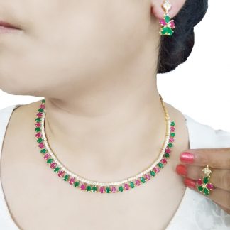 NK100 Classic Zircon Pink And Green Stone Studded Necklace With Earring For Women
