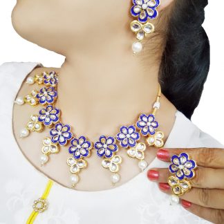 NK98 Daphne Bollywood Actress Jewellery Blue Meena Kundan Flower Necklace Earrings