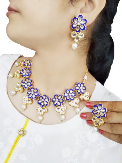 NK98 Daphne Bollywood Actress Jewellery Blue Meena Kundan Flower Necklace Earrings
