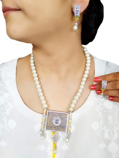 NK99 Daphne Bollywood White Pearl Zircon Studded Party Wear Necklace Set