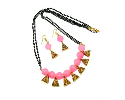 HC58 Daphne Dazzling Gold Plated Oxidized Polish Metal Mangalsutra For Women- Baby Pink