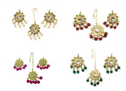 KC26789 Latest Colorful Kundan Onyx Earrings Maang Tikka For Bridal Dresses