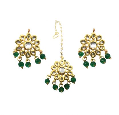 KC28 Latest Green Kundan Onyx Earrings Maang Tikka For Bridal Dresses