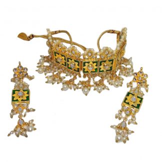 NA38 Daphne Designer Green Meena Kundan Work Choker Set With Pearl Drops For Women