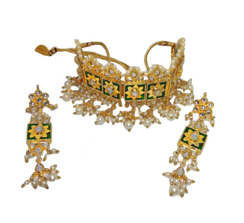 NA38 Daphne Designer Green Meena Kundan Work Choker Set With Pearl Drops For Women