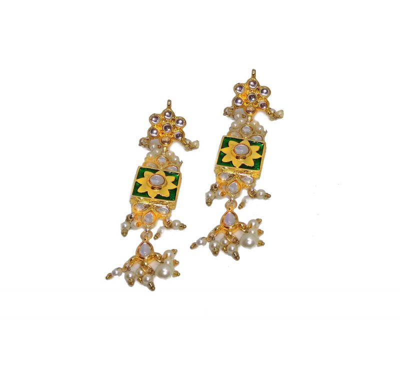 NA38 Daphne Designer Green Meena Kundan Work Earring Set With Pearl Drops For Women