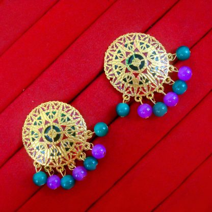 BA26 Daphne Green Magenta Onyx Patiala Traditional Meeanakari Handmade Earrings For Girls