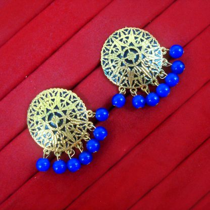 BA29 Daphne Golden Patiala Traditional Meeanakari Handmade Earrings with Ink Blue Onyx for Girls