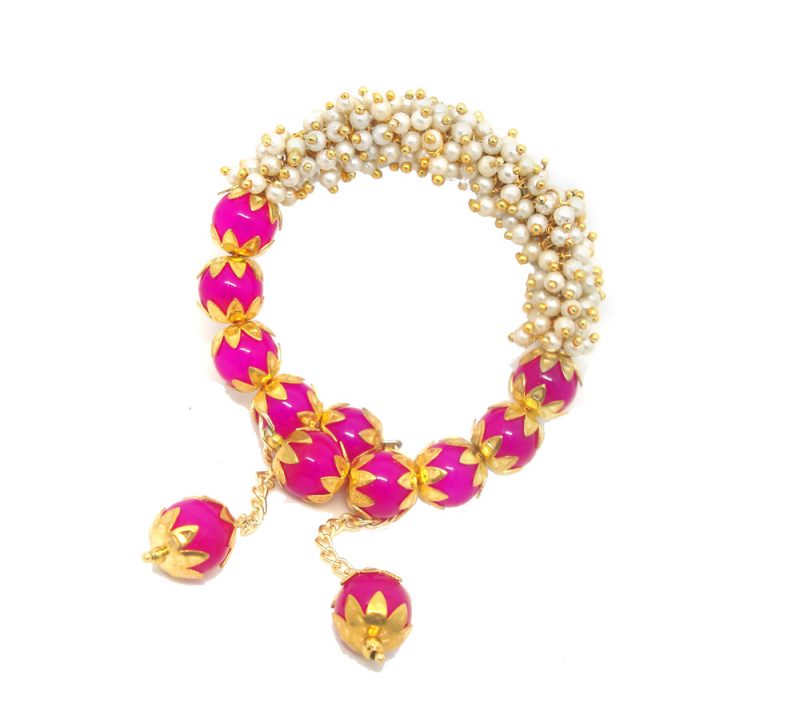 BR86 Daphne Pearls Lucky Charm Golden Pink Bead Handcuff Bracelet For Women