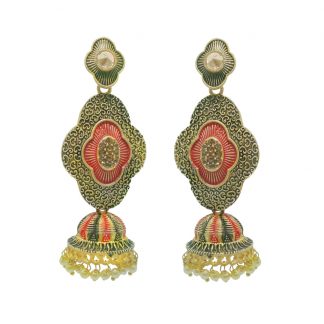JM60 Daphne Bollywood style Red Jhumka Earrings with Pearls for Women