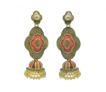 JM60 Daphne Bollywood style Red Jhumka Earrings with Pearls for Women
