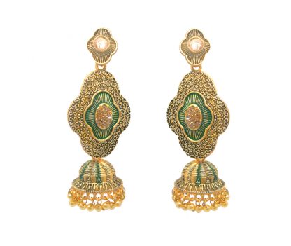 JM61 Daphne Bollywood style Green Jhumka Earrings with Pearls for Women