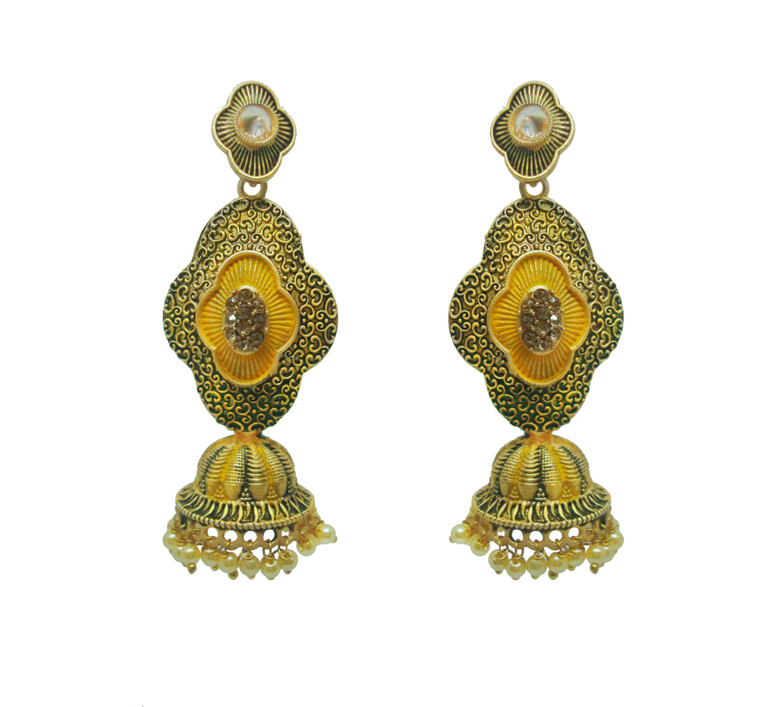 JM62 Daphne Bollywood style Yellow Jhumka Earrings with Pearls for Women