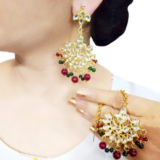 EM43 Daphne Handmade Bollywood Kundan Party Wear Pearls Hanging Maang Tikka Earrings Set Jewelry