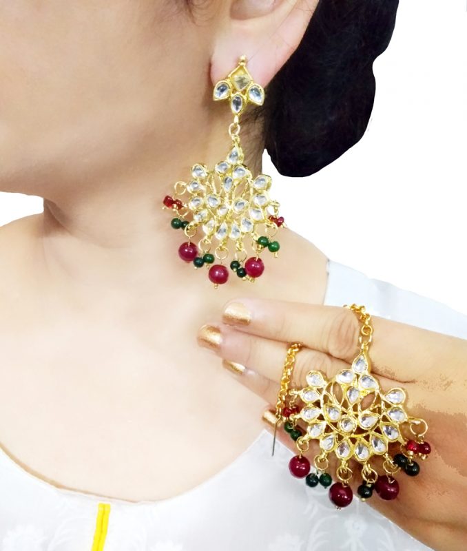 EM43 Daphne Handmade Bollywood Kundan Party Wear Pearls Hanging Maang Tikka Earrings Set Jewelry