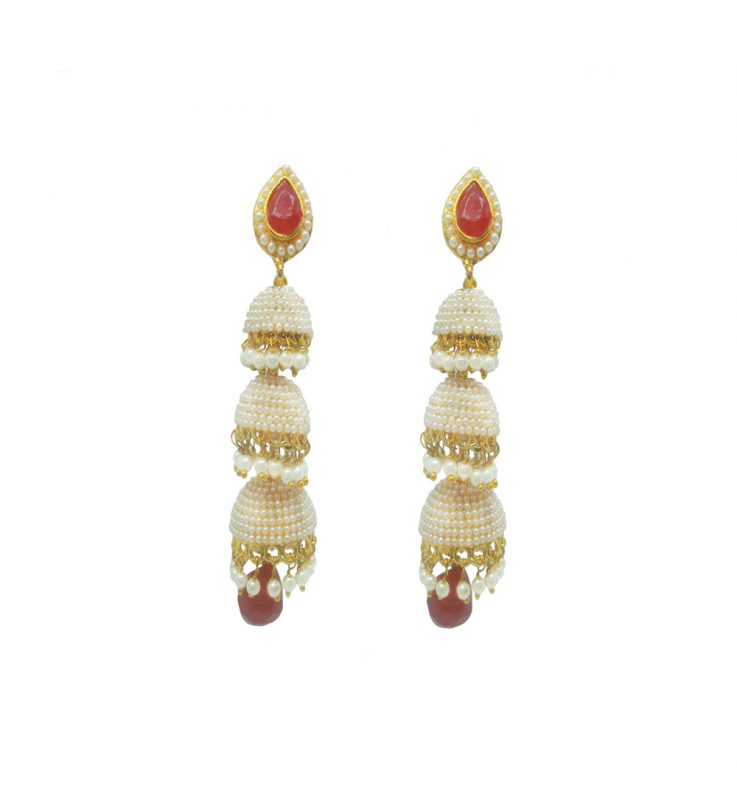 JM73 Daphne Diva Traditional Pearl Stylish Fancy Party Wear Red & White Jhumki For Women
