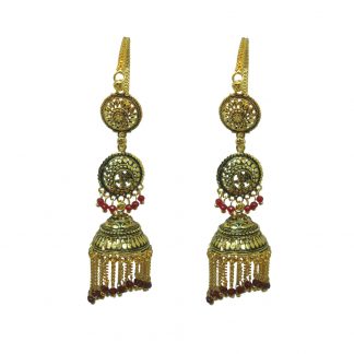 JM81 Daphne Indian Golden & Maroon Bollywood Earrings Jhumka Wedding Events For Women