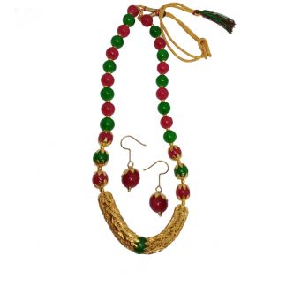 NA29 Daphne Luxurious Maroon Green Golden Beads Necklace With Earring For Women