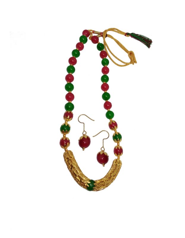 NA29 Daphne Luxurious Maroon Green Golden Beads Necklace With Earring For Women