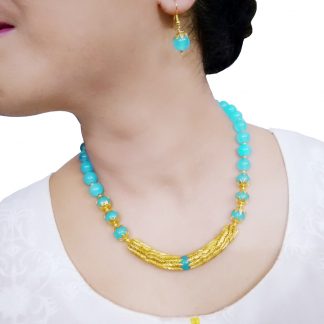 NA30 Luxurious Sky Blue Golden Necklace With Earring For Women