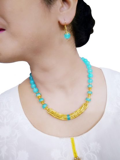 NA30 Luxurious Sky Blue Golden Necklace With Earring For Women
