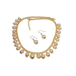 NA31 Daphne Stylish Zircon Studded Creamy Pearls Necklace Earring Set For Women FULL SET