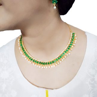 NA42 Daphne Divine Green Zircon Studded Pearls Necklace with earring For Women