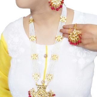 NA46 Daphne Bollywood Indian Cherry Red Shade Rani Haar Wedding Kundan Jewellery Necklace Earrings Maang tikka set for Women