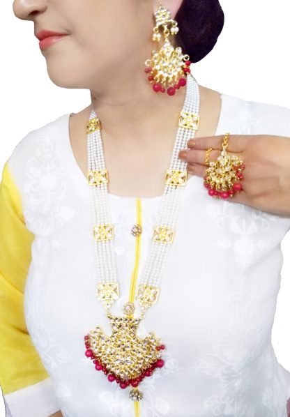 NA46 Daphne Bollywood Indian Cherry Red Shade Rani Haar Wedding Kundan Jewellery Necklace Earrings Maang tikka set for Women