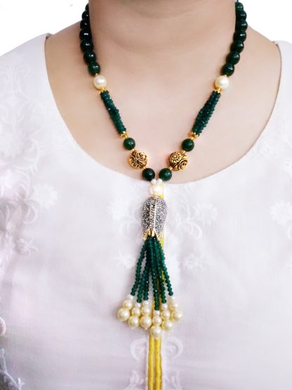 NA48 Daphne Spectacular Handmade Green And Golden Beaded Tassel Necklace For Karva Chauth Special