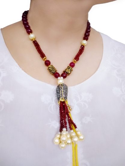 NA49 Daphne Spectacular Handmade Maroon And Golden Beaded Tassel Necklace For Karva Chauth Special
