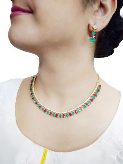 NK35 Daphne Bollywood Zircon Green and Maroon Studded Necklace For KarvaChauth Special