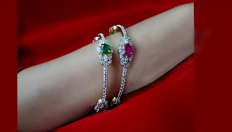 B49 Daphne Party Wear Emerald And Ruby Shade Stone Studded Bangles for Christmas Celebration