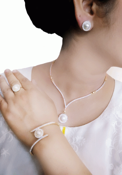 CBU66 Daphne Adorable Zircon Silver Pearls Necklace Earring Ring With Bracelets Combo For Women